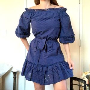 Parker Blue Ruffled Tie Front Off-Shoulder  Eyelet Pom Sundress